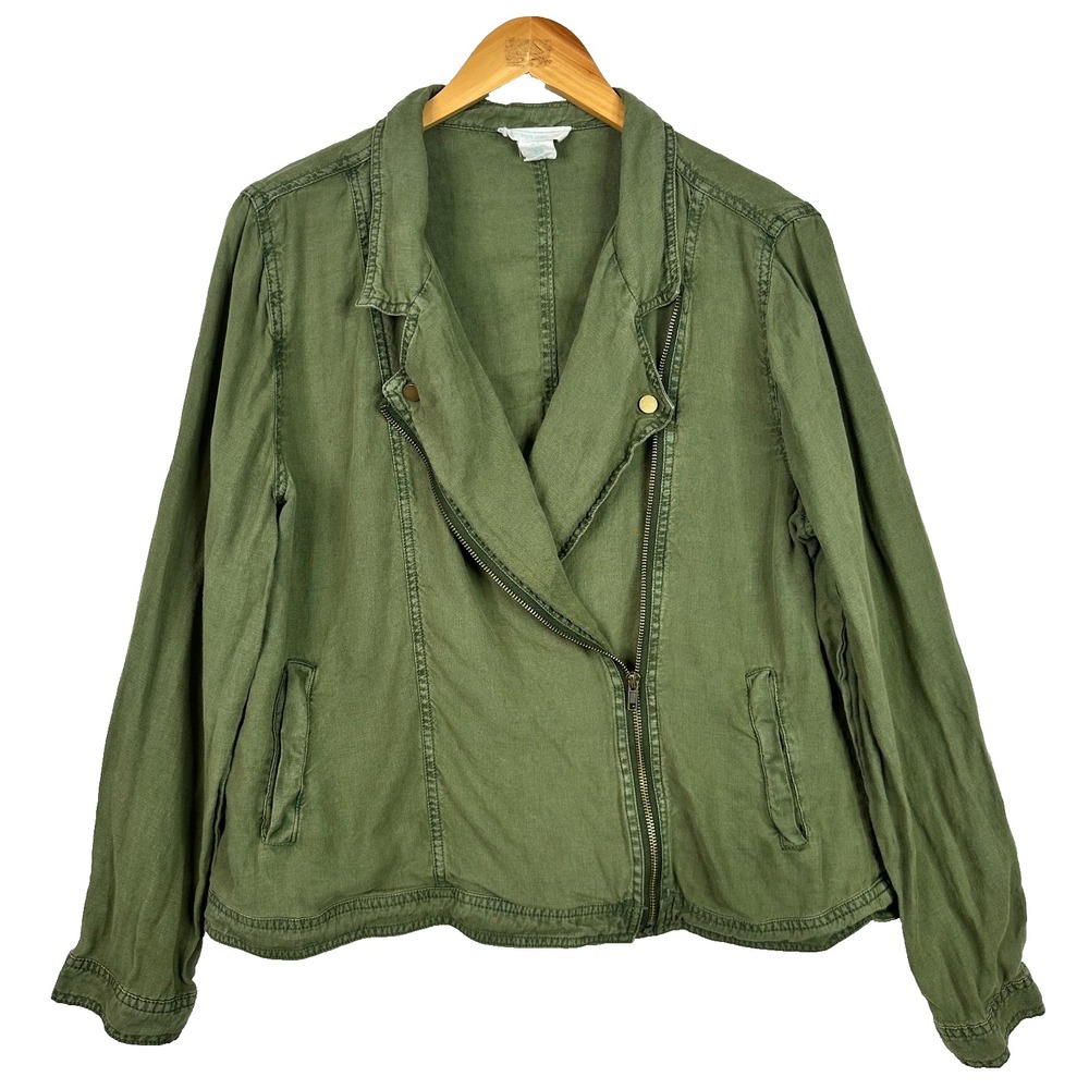 Cynthia Rowley Women XL 100% Linen Moto Jacket Olive Green Asym Zip Utility